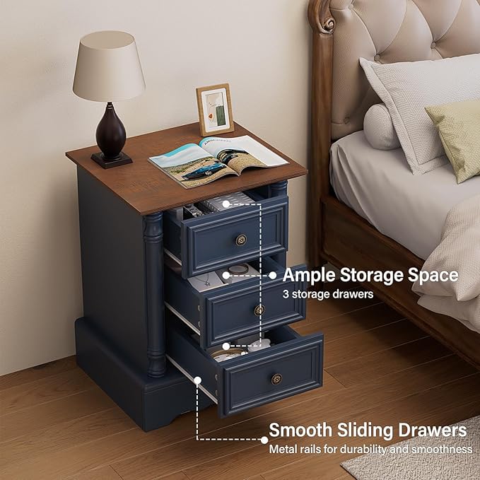 Nightstand with 3 Drawers, Rustic Night Stand 18' Wide Side Table with Storage, Mid-Century Modern Couch End Table with Vintage Handles, Small Dresser for Bedroom, Living Room, Indigo Blue
