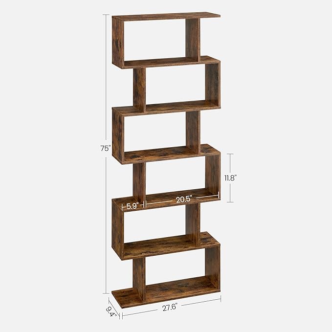 VASAGLE Bookshelf, 6-Tier Bookcase, Tall Display Shelf, Freestanding Storage Shelf, Room Divider, for Home Office, Living Room, Bedroom, Study, Rustic Brown ULBC61BX