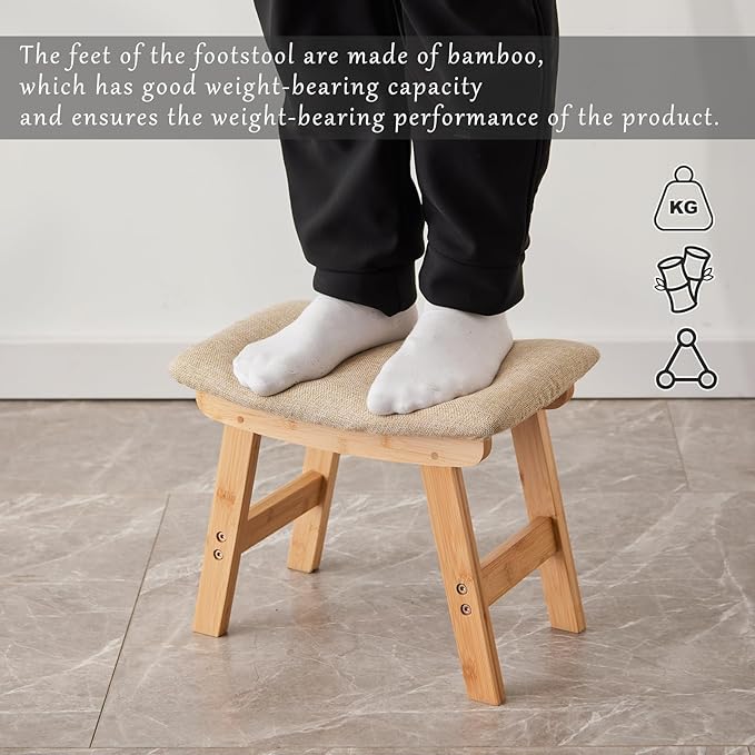 Foot Stool,Ottoman,Bamboo Small Sofa Foot Rest Under Desk,Extra Seating for Living Room, Bedroom and Kitchen (Natural Stool Legs - Beige Surface)