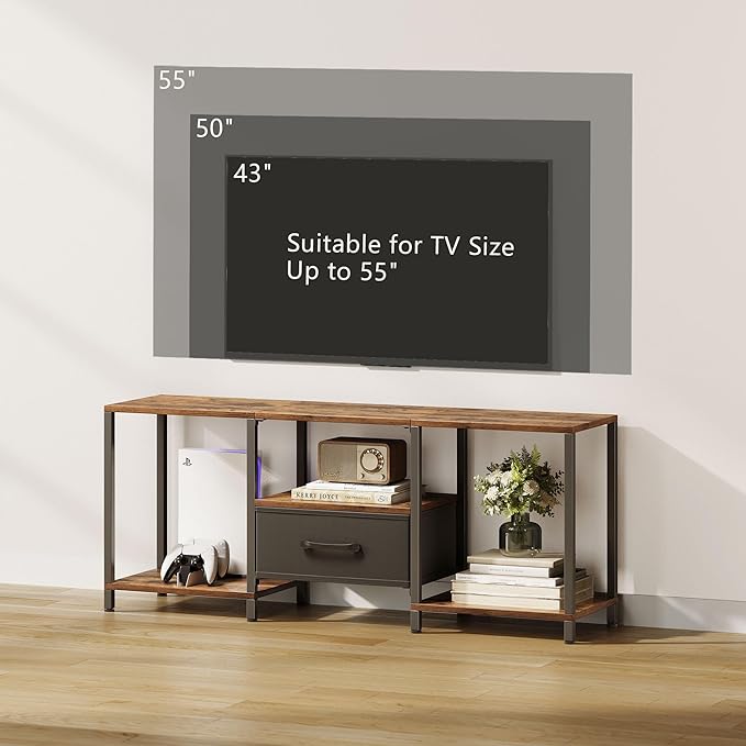 TV Stand with Fabric Drawer for 55 Inch TV, Entertainment Center with Open Shelves, Media TV Console Table for Living Room, Bedroom, Rustic Brown