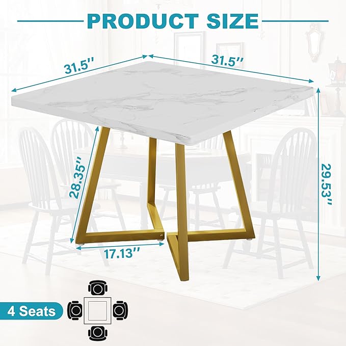 Square Dining Table for 2-4, 31.5" Small Dinner Table with Metal Frame Base Square Kitchen Tables for Dining Room, Kitchen, Living Room, White & Gold