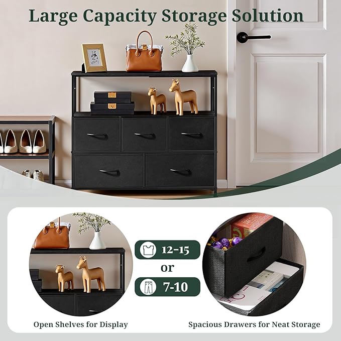 TV Stand, 5 Fabric Drawers Dresser Entertainment Center for TV up to 45 inch Wooden Media Console Table Storage Organizer with Open Shelf, for Living Room, Bedroom, or Small Space, Black