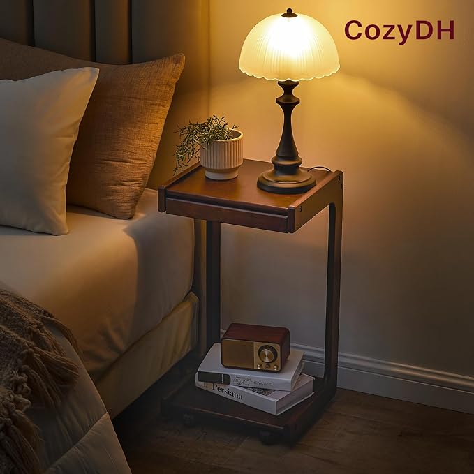 CozyDH C Shaped Solid Wood End Table, Rolling Side Table TV Sofa Tray Table for Eating,Multi-Purpose C Couch Arm Table, Small Coffee Table with Wheels Living Room Bedroom, Walnut
