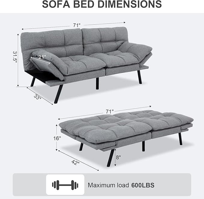 Vipbear Futon Sofa Bed Couch, 71" Convertible Sofa Bed, Space-Saving Loveseat with Adjustable Backrest & Armrest for Living Room,Apartment,Office,Medium Grey Sleeper Sofa