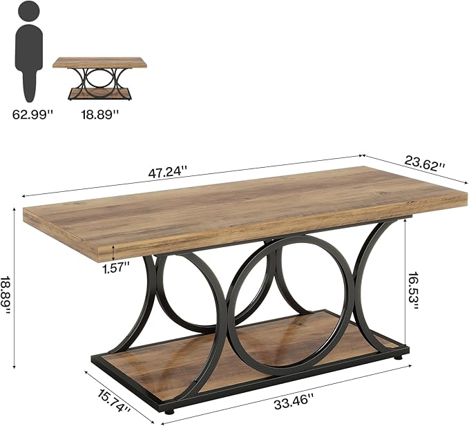 Tribesigns Rectangle Coffee Table, 47.24-inch Rustic Coffee Tables for Living Room, 2-Tier Farmhouse Wooden Coffee Table with Geometric Metal Legs, Home Furniture with Storage Shelf (Brown & Black)