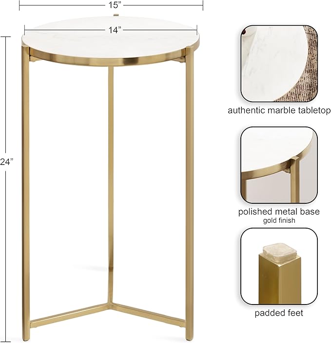 Kate and Laurel Aguilar Modern Round Side Table, 15 x 15 x 24, White and Gold, Genuine Marble Nightstand for Small Spaces and Living Room Décor