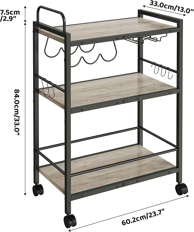 Home Bar Serving Cart, Serving Cart with Wheels and Handle, 3 Tier Rolling Kitchen Cart, MicrowaveCart, Beverage Cart with Wine Holder and Glass Holders, for Dinning Room, Living Room, Kitchen,Greige