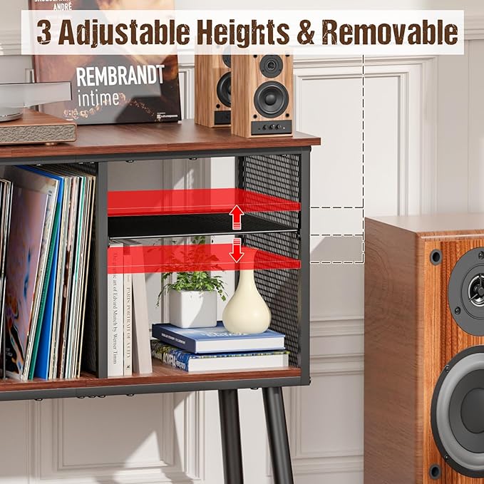 Record Player Stand with Adjustable Divider, Vinyl Storage Holder Up to 200 Albums, Mid-Century Large Record Player Table, Vinyl Holder Turntable Stand End Table Storage Rack for Bedroom & Living Room