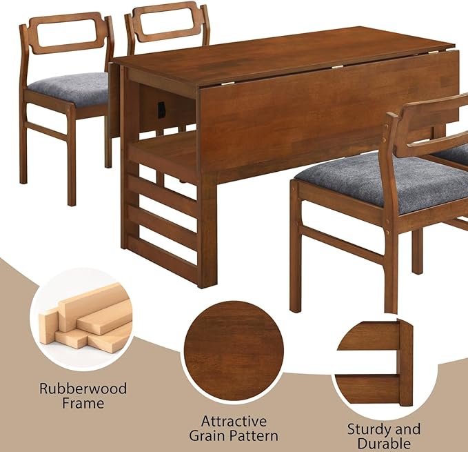 Drop Leaf Dining Table with Chairs Set of 4, 5-Piece Farmhouse Rectangular Dining Room Table with 4 Upholstered Solid Wood Chairs, Extendable Kitchen Tables for Small Place, Brown Rubber Wood
