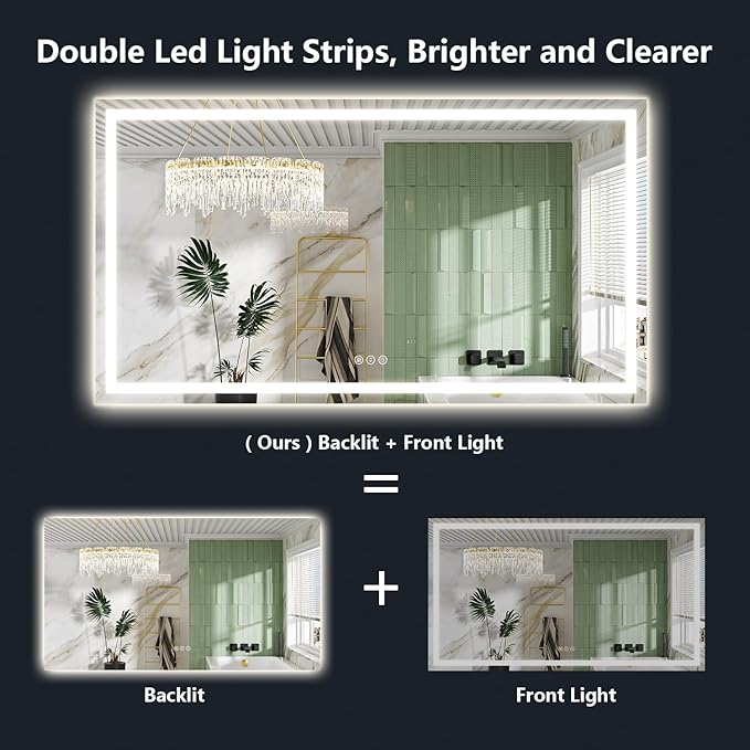 68x40 Inch LED Bathroom Mirror with Lights Front and Backlit Lighted Vanity Mirror for Bathroom Wall with 3 Colors Dimmable Anti-Fog Memory Shatter-Proof IP54 Waterproof Horizontal/Vertical