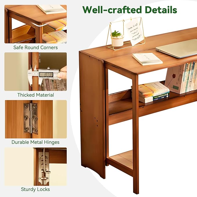 Bamboo Folding Desk Mid Century Modern Desk for Home Office Bedroom Small Spaces, Brown