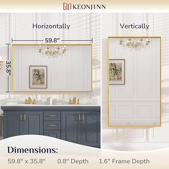 Keonjinn Gold 60 x 36 Inch Brushed Gold Metal Framed Rectangular Wall Mirror