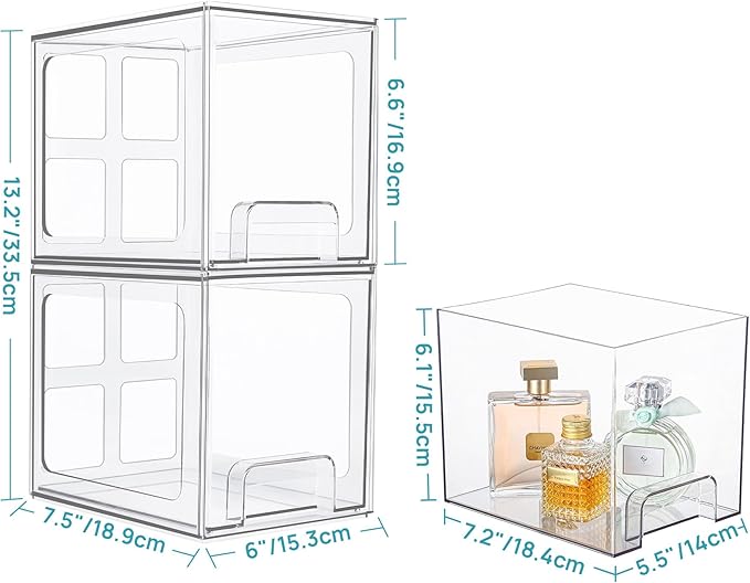 Vtopmart 4 Pack Stackable Storage Drawers, 6.6''Tall Acrylic Bathroom Makeup Organizers,Clear Plastic Drawers For Vanity, Undersink, Kitchen Cabinet,Pantry Organization and Storage