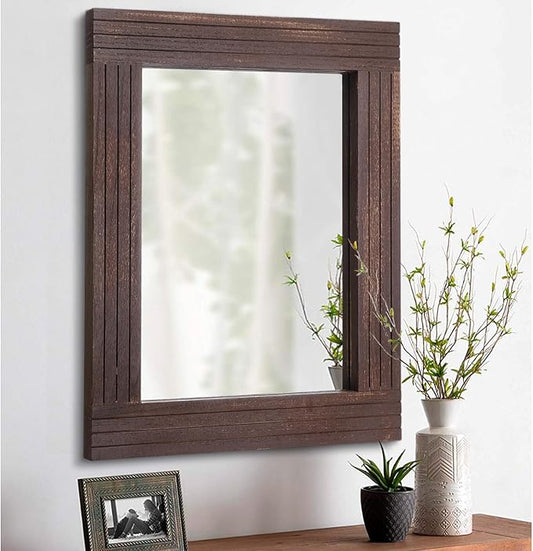 Wood Wall Mirror Rectangular Framed Rustic Vintage Mirrors Decor Farmhouse Bedroom Bathroom Mirror for Dressing Table Entrance Large 26"x18" Brown