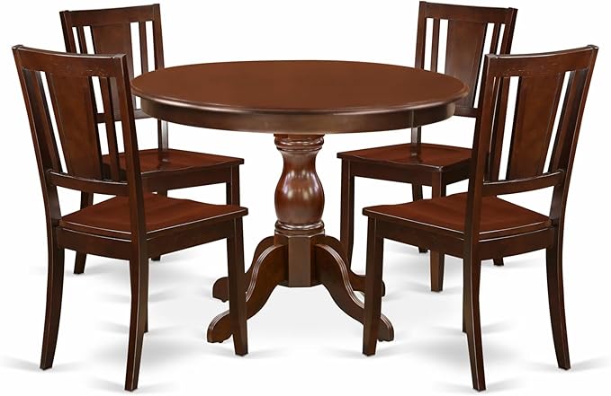 East West Furniture HBDU5-MAH-W 5 Piece Dining Room Table Set Includes a Round Kitchen Table with Pedestal and 4 Dining Chairs, 42x42 Inch, Mahogany