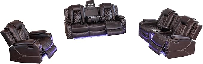 Ball & Cast Power Recliner Sofa Set Leather Reclining Sofa Set Living Room Furniture Set 3PCS Recliner Couch Loveseat & Chair Sets with Coffee Table,Reading Light,Cup Holders for Home Theater Seating