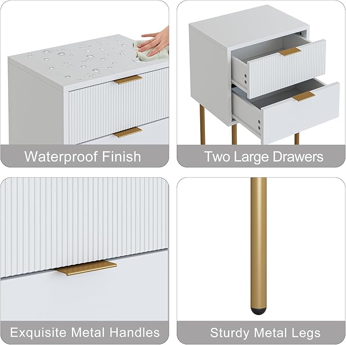 Nightstand,Small Bedside Table with Gold Frame,Morden Night Stand with 2 Drawer,End Table,Side Table with Drawer and Shelf for Bedroom,Living Room (White-2Drawer)