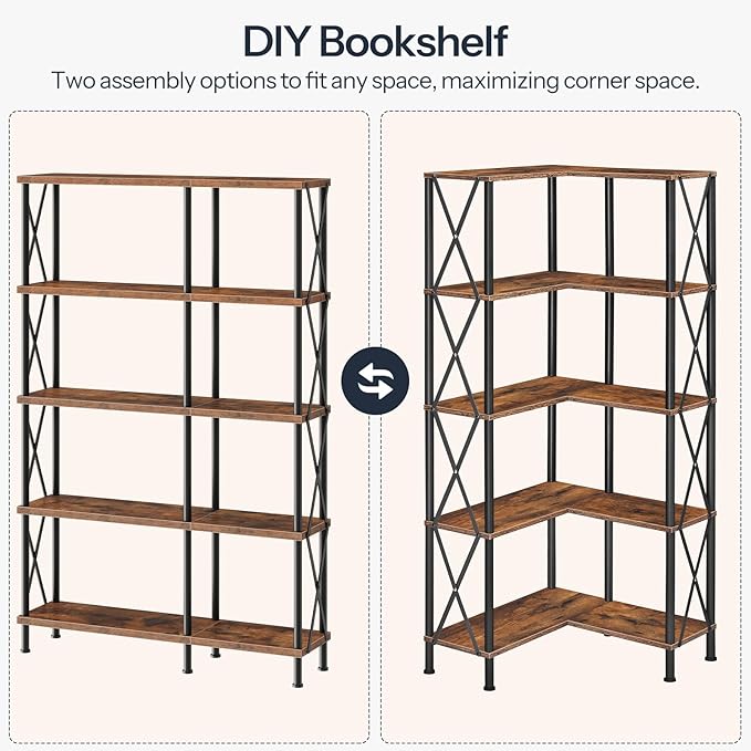 HOOBRO Corner Bookshelf, 5-Tier L-Shaped Bookcase, Industrial Open Display Shelf Tall Storage Organizer, Vertical Storage Rack, for Living Room, Home Office, Rustic Brown and Black BF60SJ01