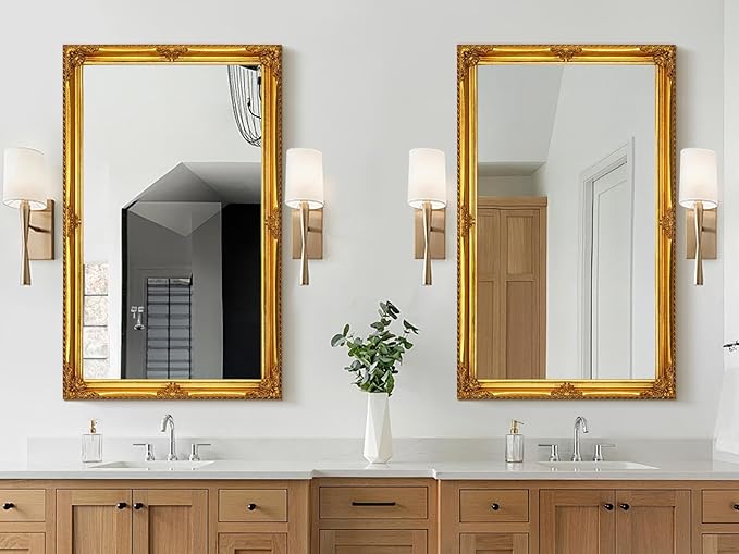 Vintage Wall Mirror, 31" x 19" Decorative Antique Mirror for Bathroom, Entryway, Bedroom with Gold Ornate Baroque Wood Frame