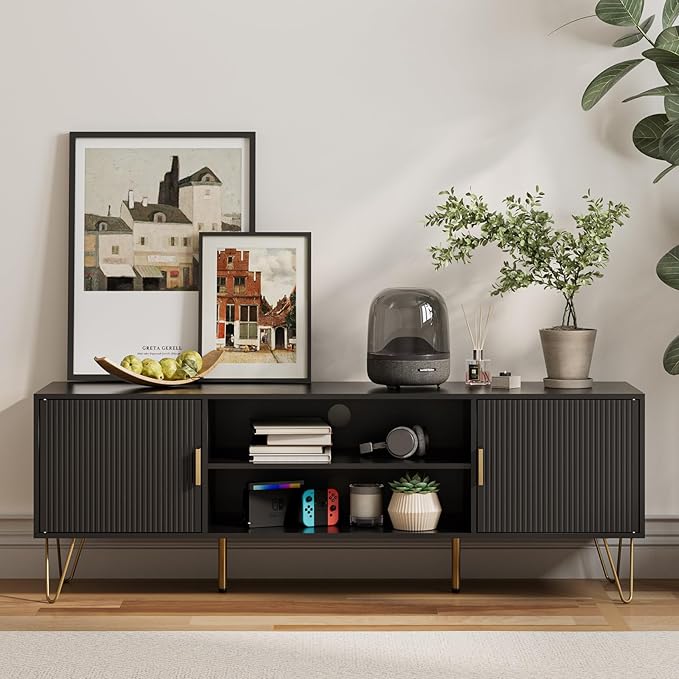 TV Stand for 55-65 inch TV, Entertainment Center with Soft Hinge Door,TV Console Table with 2 Cabinets with Gold Handle and Feet,for Living Room, Bedroom, Black