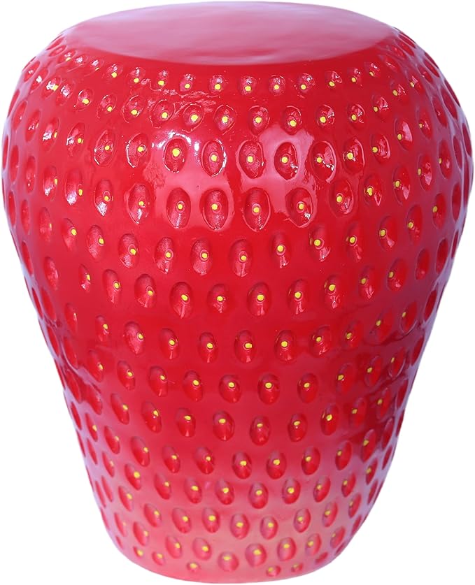 18" Red Strawberry Stool Statue Fruit-Inspired Side Table Indoor Outdoor Accent Seat Plant Stand MGO Garden Stool for Patio Balcony or Living Room Decor