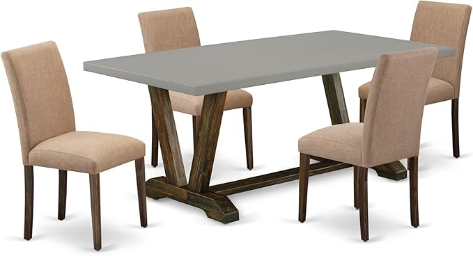 East West Furniture V797AB747-5 5 Piece Modern Dining Table Set Includes a Rectangle Wooden Table with V-Legs and 4 Light Sable Linen Fabric Parsons Dining Chairs, 40x72 Inch, Multi-Color