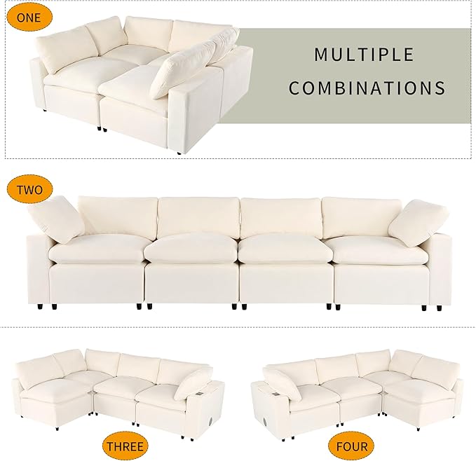 133.9 Inch Modular Convertible Sectional Sofa with Storage, USB Ports, Wireless Charging & Built-in Speaker in Arm, L-Shaped Upholstered Sleeper Couch for Living Room Office, Beige