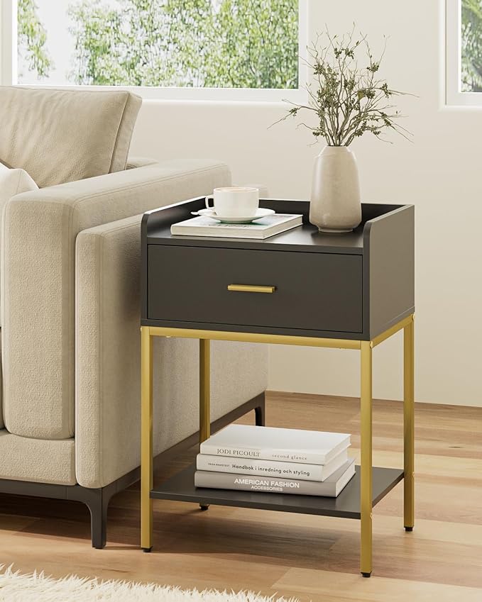 Nightstand,3-Tier Modern Night Stand,Bedside Table with Storage Drawer and Shelf,Small Side Table for Bedroom,Living Room,Black