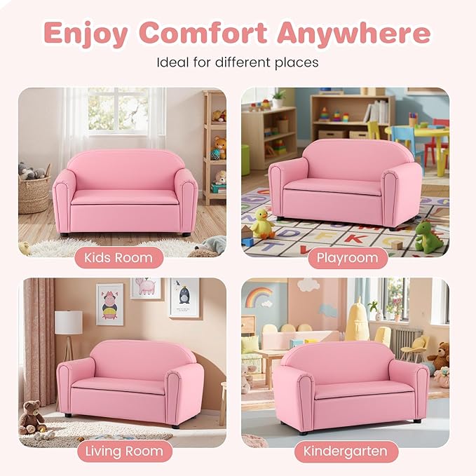 Costzon Kids Couch, 2 in 1 Double Seat Children's Sofa w/Under Seat Storage, PU Leather Surface, Toddler Armrest Chair, Kids Room, Soft Children Pink Sofa with Storage for Preschool Baby Girls Gifts