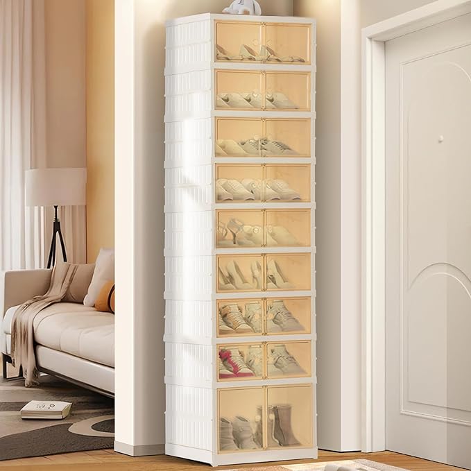 Foldable Shoe Organizer Storage Box, Portable Extra Large Folding Shoe Rack for Closet, Shoe Storage Box with Magnetic Transparent Door and Wheels, 9 Layers 18 Grids with 2 Big Grids for 2 PCS