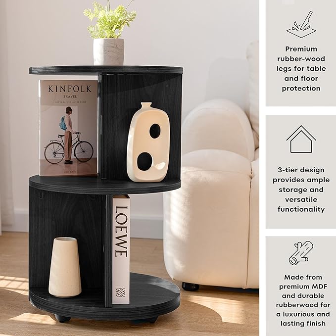 KAYMILY Living Room Side Table, Office Round Bookshelf End Table, Bedroom Mid Century Modern Nightstands, Contemporary Accent Tables - Easy Assembly - MDF Wood - Revolving - Black