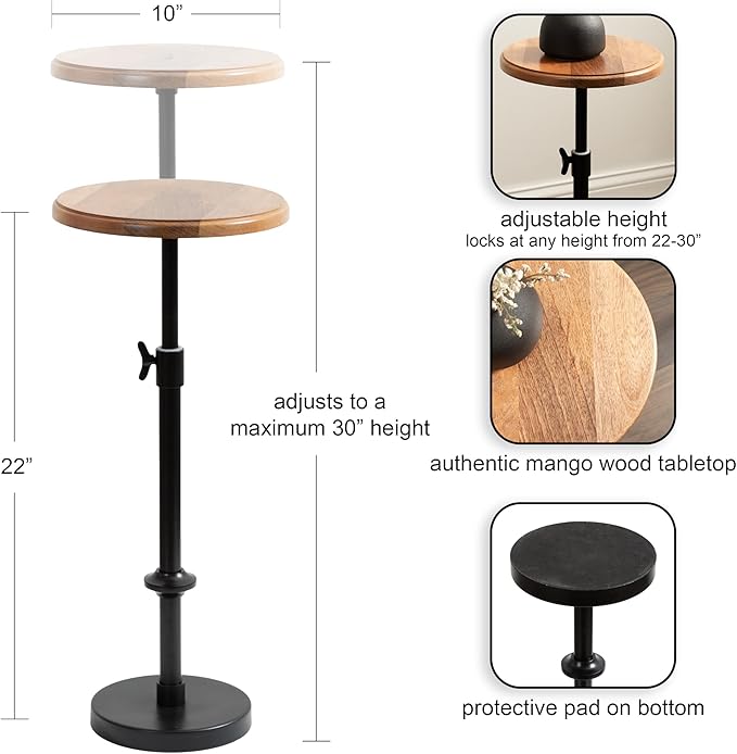 Kate and Laurel Engles Modern Adjustable-Height Pedestal Drink Table; 10 x 10 x 30; Natural Wood and Black; Transitional Round Indoor Metal Plant Stand with Solid Wood Tabletop