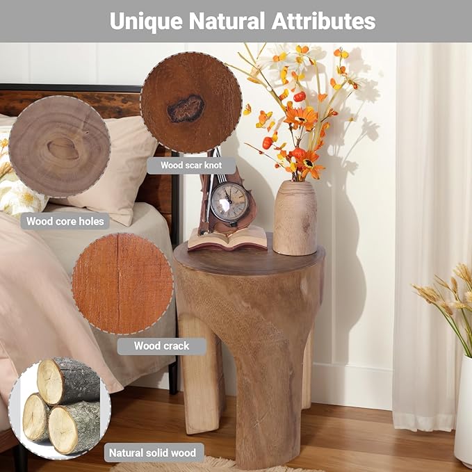 Athaliah Wood Side Table Stump, 15.75" H Rustic End Table Stool, Round Wooden Tree Stump for Garden Patio Lawn Home Decor