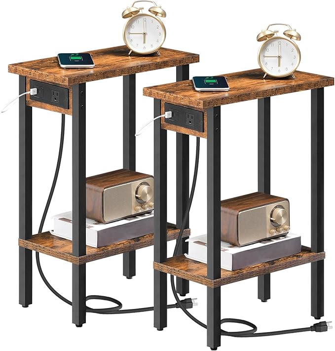HOOBRO Small End Table with Charging Station, Set of 2, Narrow Side Table with USB Port and Outlets, Skinny Sofa Table, Slim Nightstand, Living Room, Bedroom, Rustic Brown and Black BF240UBZP201