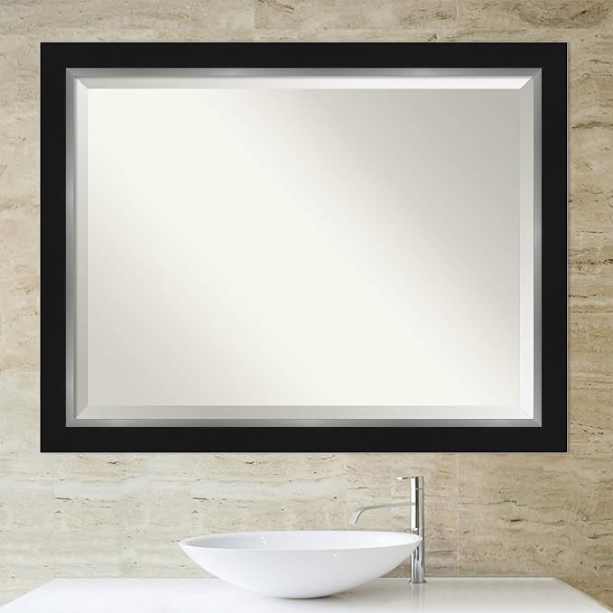 Amanti Art Black Bathroom Mirror for Over Sink, 36x46 Eva Black Silver Rectangle Vanity Mirror, X-Large Modern Contemporary Frame, Hangs Horizonally and Vertically, Bathroom Wall Decor, Beveled Edge