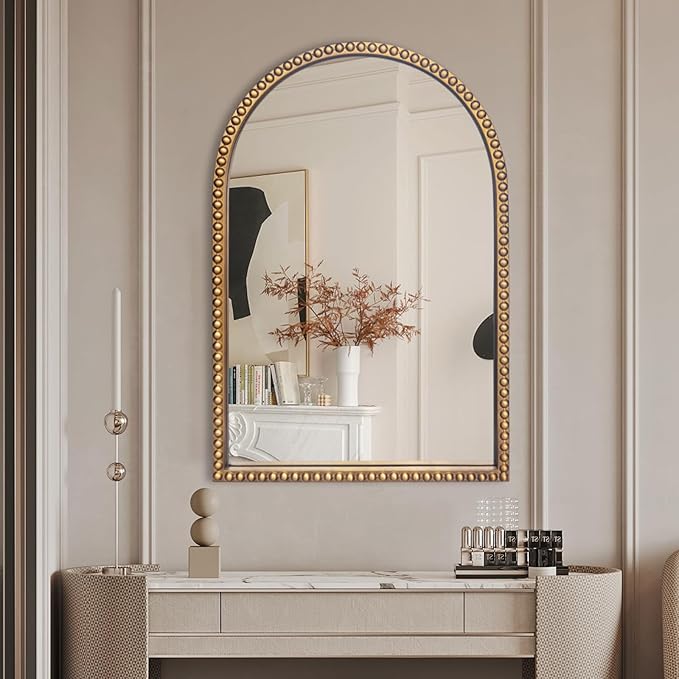 Traditional Arch Mirror for Bathroom, 20" x30" Baroque Antique Gold Marlowe Mirrors Beaded Frame, Decorative Accent Vertical Vanity, Wall Decor Over Mantel Fireplace, Sofa, Entryway