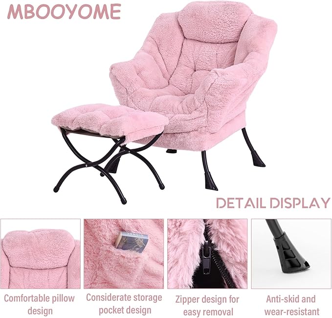Lazy Chair with Folding Ottoman, Modern Accent Lounge Armchair with Armrests and a Side Pocket & Foldable Footstool, Leisure Reading Chair for Living Room, Bedroom, Dorm & Office, Plush Pink