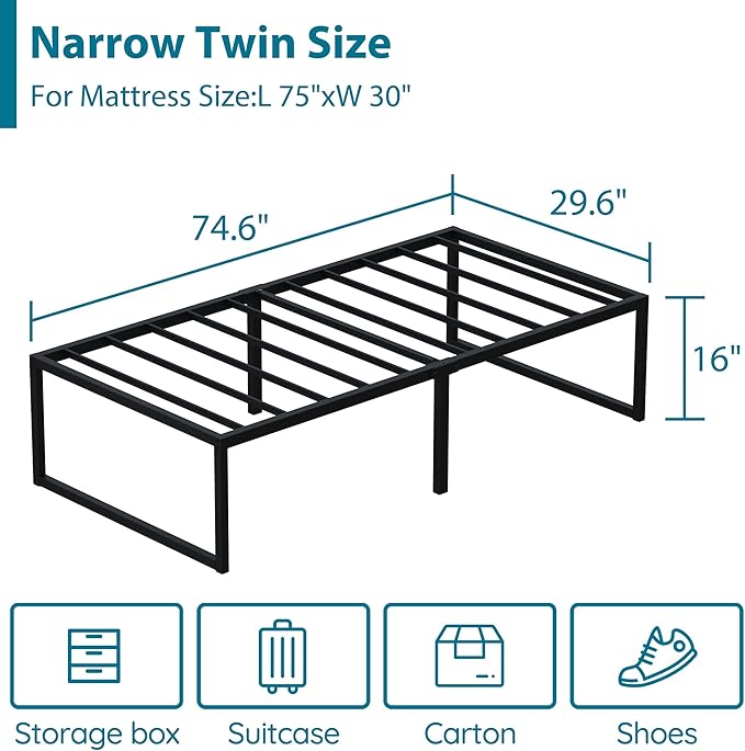 EMODA 16 Inch Narrow Twin Bed Frame 30x75, Heavy Duty Metal Platform No Box Spring Needed, Easy Assembly Noise Free, Black