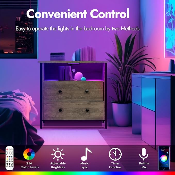27 Inch Wide Night Stand, Large Wood Night Stand with 2 Drawers, LED Nightstand with Charging Station and Adjustable Drawer, Bedside Table for Living Room/Bedroom/Study/Office, Gray.