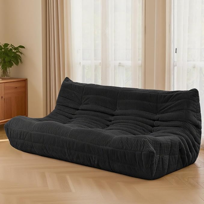 Fireside Three-Seater Mid-Century Armless Sofa — Floor Lounger in Soft Premium Corduroy, Foam-Filled Accent Chair for Living Room or Bedroom (Black, Three Seater)