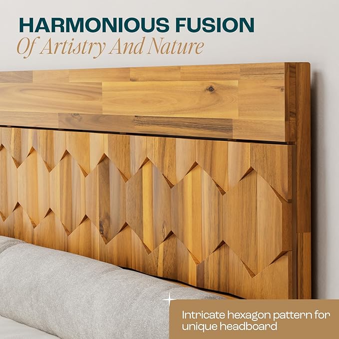 Bme Georgina Signature Bed Frame with Handcrafted Geometric Headboard, Mid Century Modern, Solid Acacia Wood, No Box Spring Needed, 12 Strong Wood Slats Support, Easy Assembly, Teak Brown, Queen