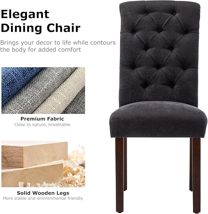 COLAMY Button Tufted Dining Chairs Set of 2, Parsons Upholstered Fabric Dining Room Chairs Kitchen Chairs with Wood Legs and Padded Seat, Black