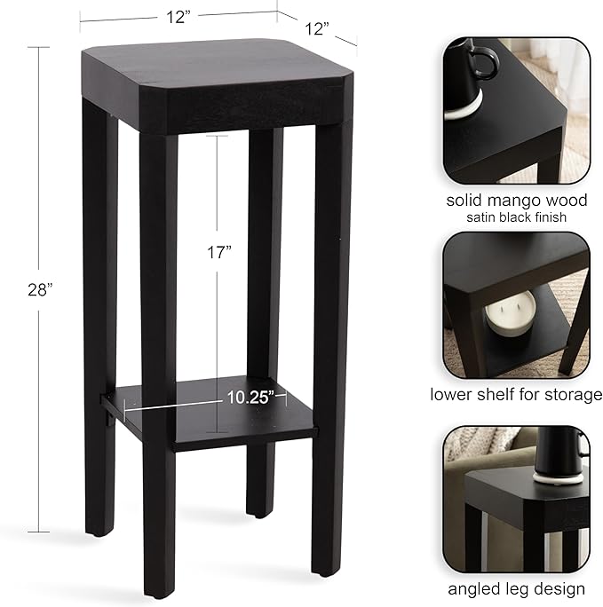 Kate and Laurel Talcott Modern Square Wood Drink Table, 12 x 12 x 28, Black, Transitional Decorative Two-Tier Pedestal Table for Use as Plant Stand Indoors or Living Room Decor Accent