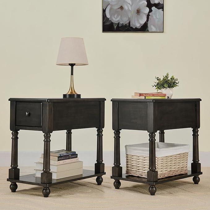 LEEMTORIG Solid Wood End Table Narrow Side Table with Drawer, Cherry Wood End Table Living Room, 13" W Slim Bedside Table Small Nightstand, 22" D x 22.7" H, No-Tools Assembly, Rustic Black BBJ-004-BK