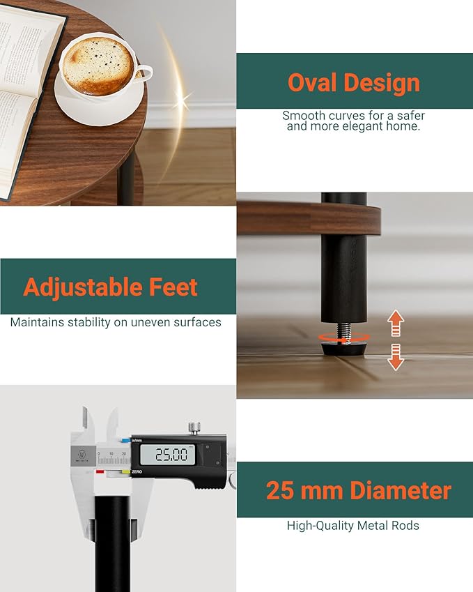 Small Round Side Table - 3-Tier Oval Accent Table for Small Spaces, Rustic Wood and Metal Nightstand for Living Room or Bedroom, with Built-in USB Ports and Power Outlet, Rustic Walnut
