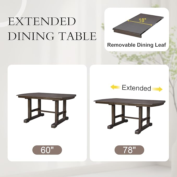 Ball & Cast 60"-78" Extendable Farmhouse Dining-Table for 6-8, Expandable Wooden Kitchen Table with 18" Removable Leaf, Large Retro H-Leg Dining Room Table for 4-8,Space Saving & Sturdy, Brown