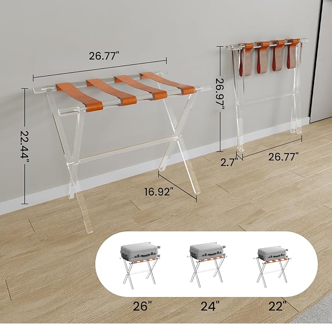 Sumerflos Acrylic Luggage Rack for Guest Room - Foldable Suitcase Stand with Leather Straps for Bedroom Living Room Hotel Heavy-Duty, Holds up to 50-100 lb lightweight Space Saving (Orange & Handle - 1 Pcs)