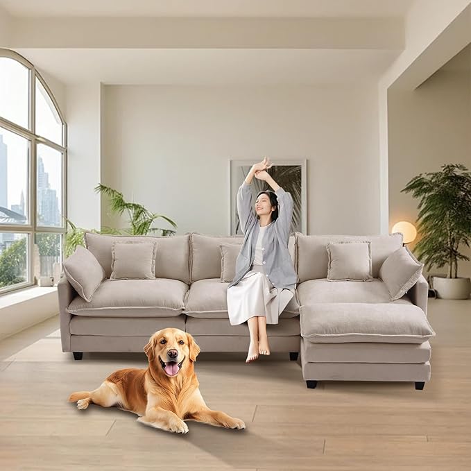 Furniliving 112‘’ L-Shaped Sofa, Luxury Chenille Modular Sectional Couches with Ottoman, Upholstered Deep Seat Sleeper Sofa with Memory Foam and Waist Pillows, Camel