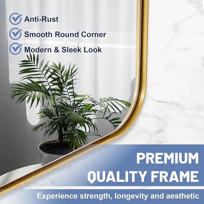 Brushed Gold Mirror 30"x36", Wall Mirror for Bathroom Vanity in Anti-Rust Metal Frame, Modern Rectangle Mirrors for Wall, Rounded Corners, Shatter-Proof, Hangs Horizontal/Vertical