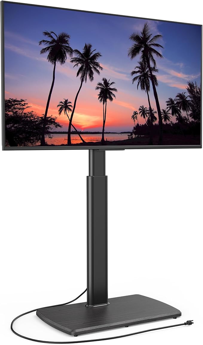 FITUEYES Tall TV Floor Stand with Power Outlet for Bedroom, Living Room, Swivel Floor Standing Corner TV Stand with Wood Base for 32 to 65 70 inch TV, Black